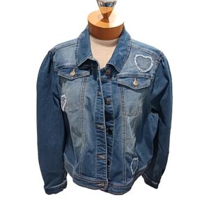 C Denim 1946 Womens Jacket Hearts Fringed XL Blue Bridal Casual Fall